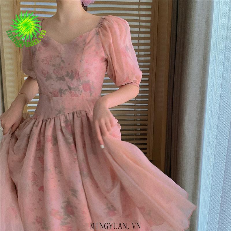 Đầm Nữ Tay Phồng Cổ Chữ V Thời Trang Retro