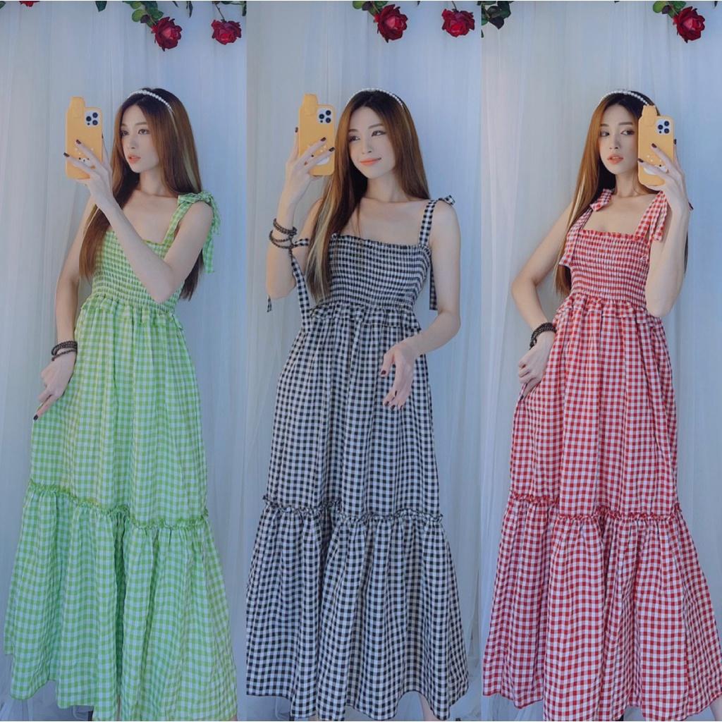 Đầm maxi nữ hai dây cột nơ caro siêu xinh dạo phố du lịch bầu bì bon chen kèm hình thật bao đẹp htd8740