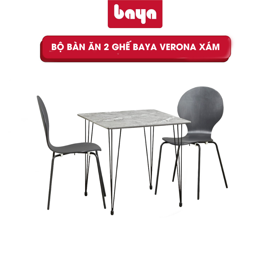 Bộ Bàn Ăn 2 Ghế Màu Xám BAYA VERONA Bề Mặt Gỗ Ván Ép Bền Đẹp, Khung Kim Loại Vững Chắc 6000272