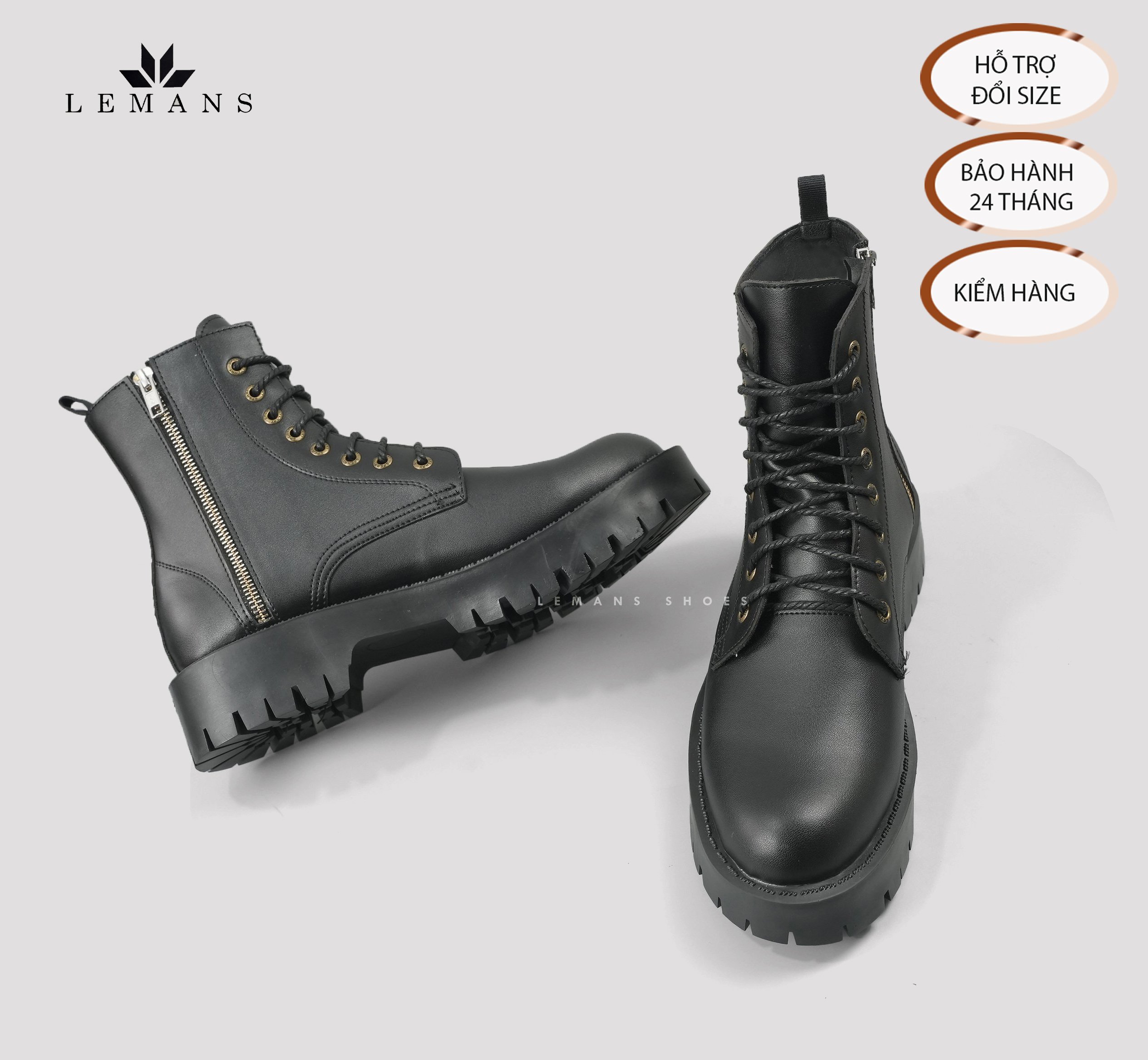 [CHUNKY COMBAT] Boots LEMANS nam - Da bò nguyên tấm - Đế Chunky cao su đúc nguyên khối - Bảo hành 12 tháng