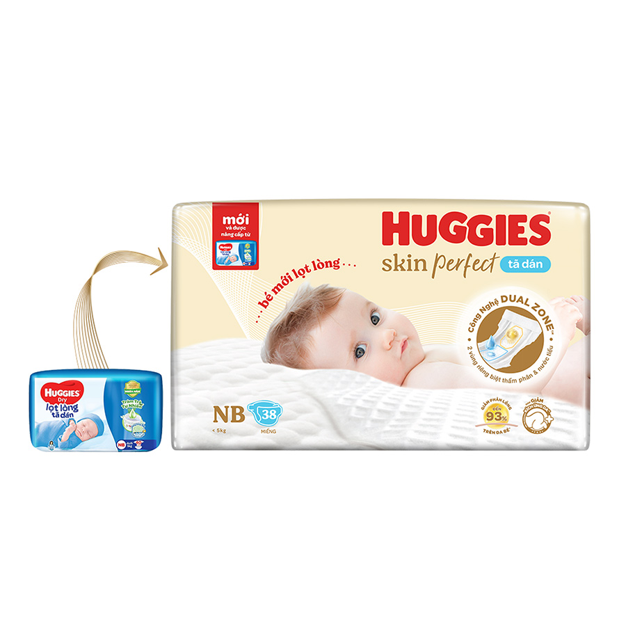 Tã/bỉm dán sơ sinh Huggies Skin Perfect NB 38 miếng với 2 vùng thấm giảm kích ứng da