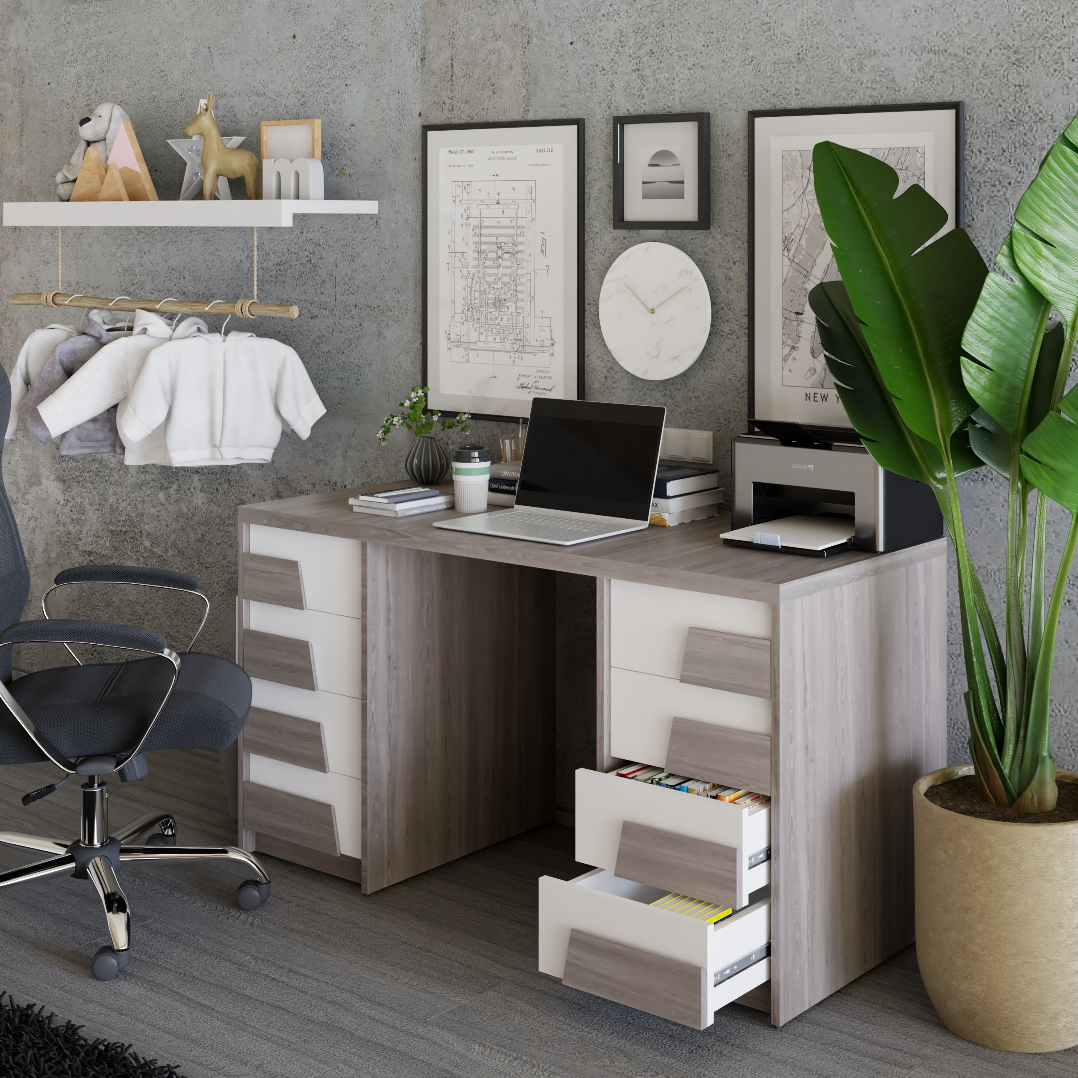 [Happy Home Furniture] PONIX, Bàn làm việc 8 ngăn kéo, 140cm x 59cm x 75cm ( DxRxC), BAN_065
