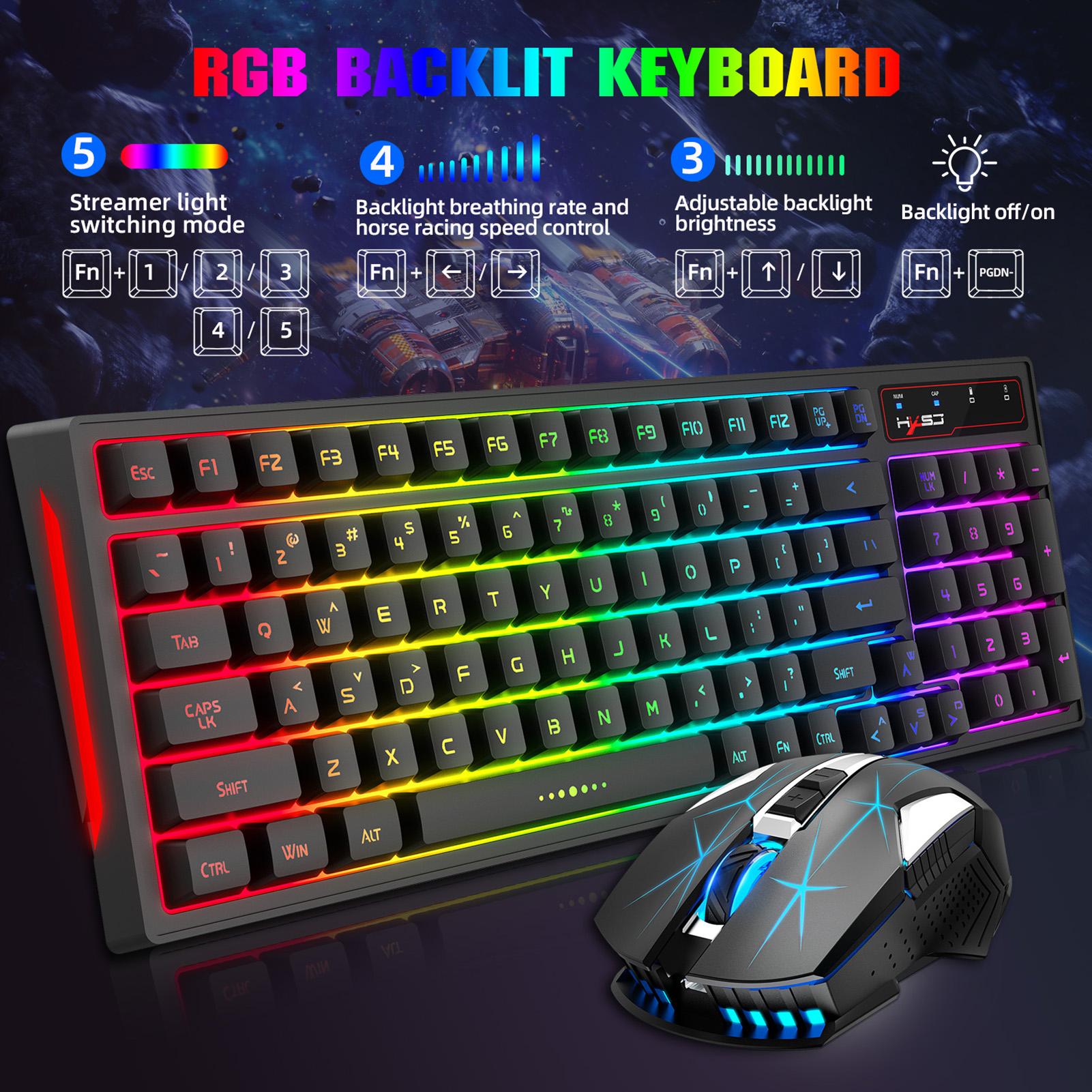 HXSJ 2.4G Wireless Rechargeable Keyboard Mouse Combo 96 Keys RGB Membrane Keyboard Colorful Backlight Gaming Mouse Set
