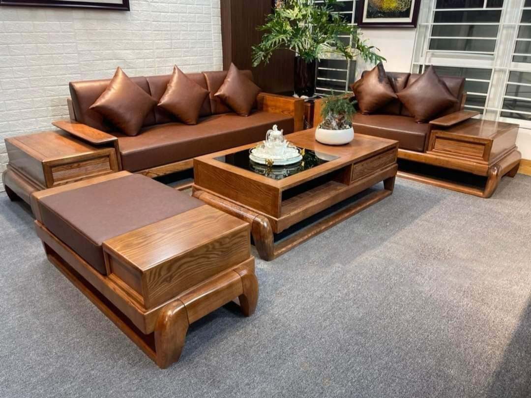 Bộ bàn ghế phòng khách, ghế sofa góc 2 văng gỗ sồi chân đùi gà , mẫu mới 2022 - Đồ Gỗ Mạnh Hùng