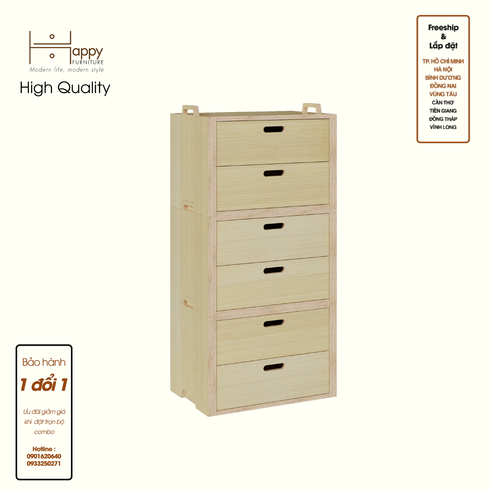 HAPPY FURNITURE , Gỗ tự nhiên , Tủ lưu trữ 6 ngăn kéo gỗ Plywood - GAMOR , THK_207 , 60cm x 40cm x 124cm DxRxC