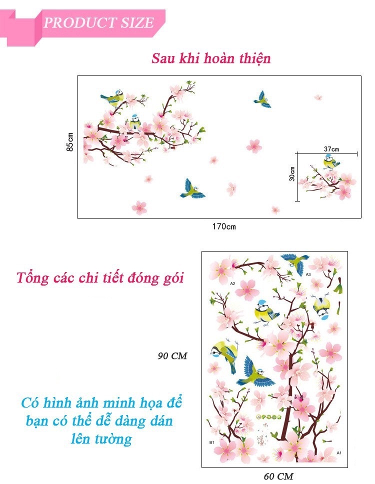 Decal dán tường cành đào hồ sen combo trang trí tết