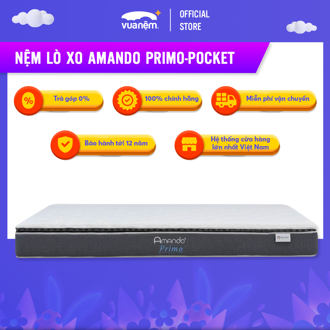 Nệm lò xo cao cấp Amando Primo-pocket - Độ đàn hồi cao, tinh chất gỗ thiên nhiên, khả năng hút ẩm tốt