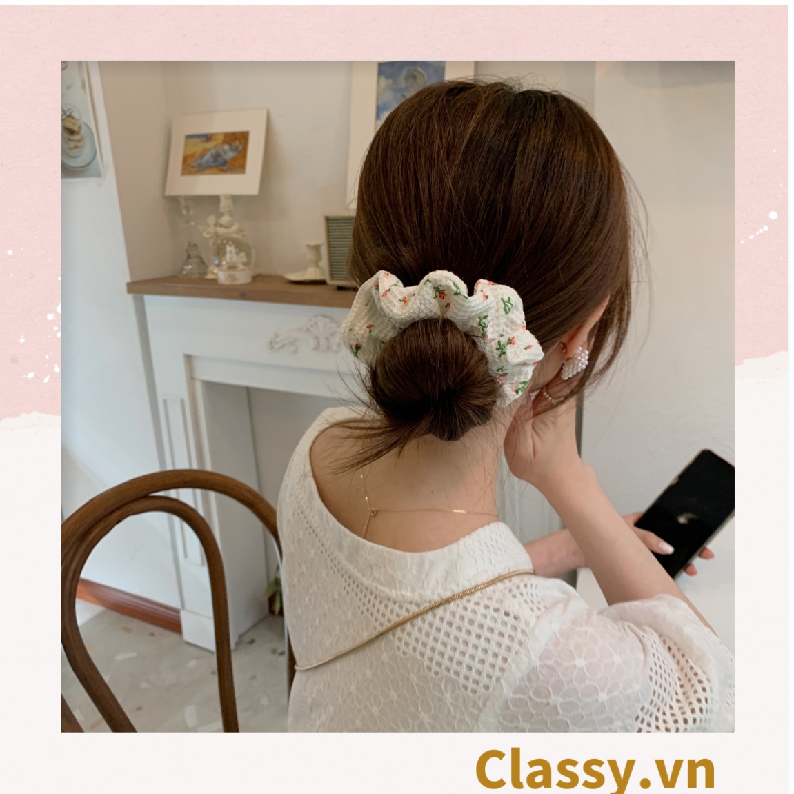 Scrunchies buộc tóc họa tiết hoa nhí vintage, nữ tính thanh lịch PK711