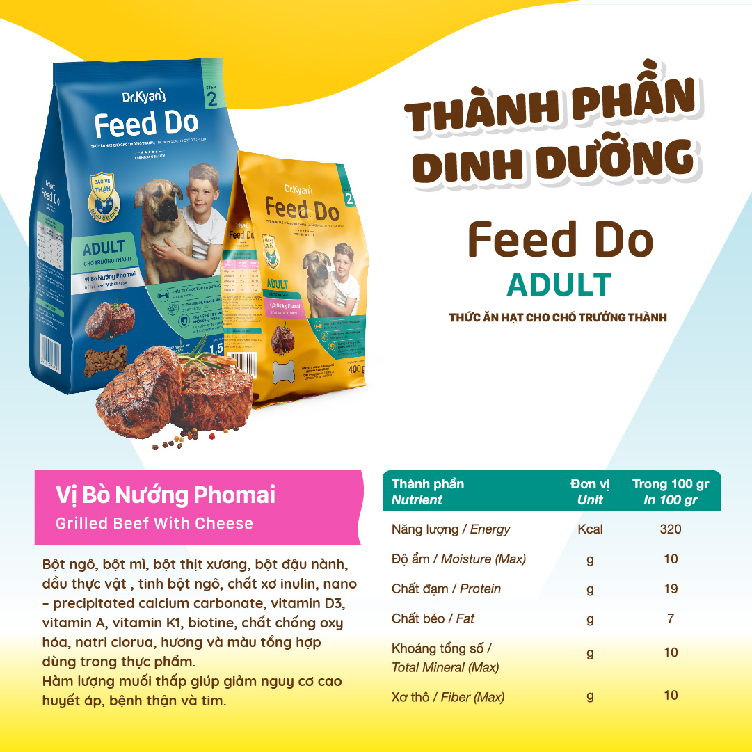 Dr.Kyan - Thức ăn hạt cho chó lớn Feed Do - Adutl 1,5 kg - Vị bò nướng pho mai