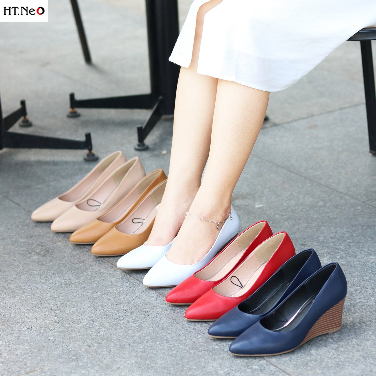 Giày công sở nữ đế xuồng HT.NEO cao 7p chất liệu da bò cao cấp, đi cực êm chân CS79