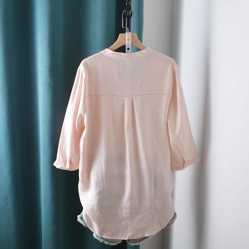 Áo sơ mi nữ cổ tàu tay lỡ, chất đũi mềm mát, màu sắc trẻ trung cho nữ Sm200