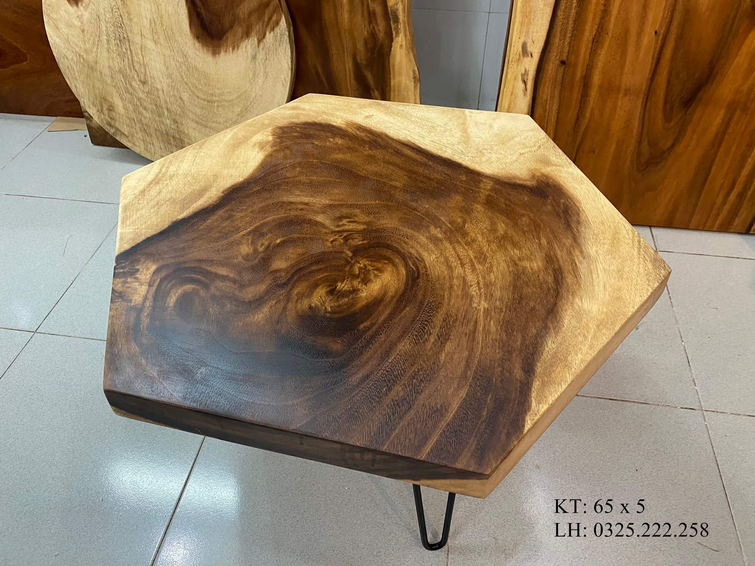 Bàn Sofa Lục Giác, Bàn Sofa Gỗ Me Tây, Bàn Ngồi Bệt Gỗ Tự Nhiên, Bàn Phòng Khách Hiện Đại, Bàn Trà Gỗ Rộng 65cm Dày 5cm