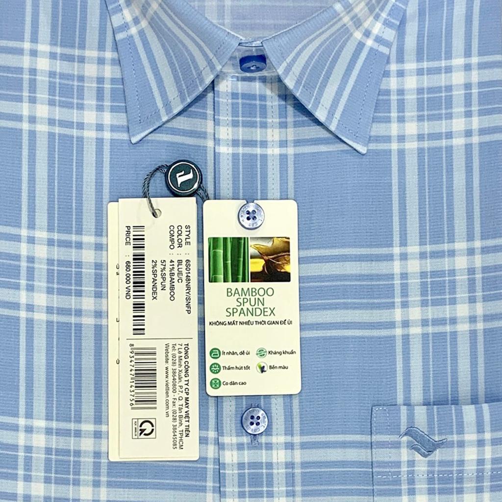 Viettien - Áo sơ mi nam ngắn tay xẻ tà vạt ngang Bamboo spun regular Ca rô 6S0148 - Ca rô