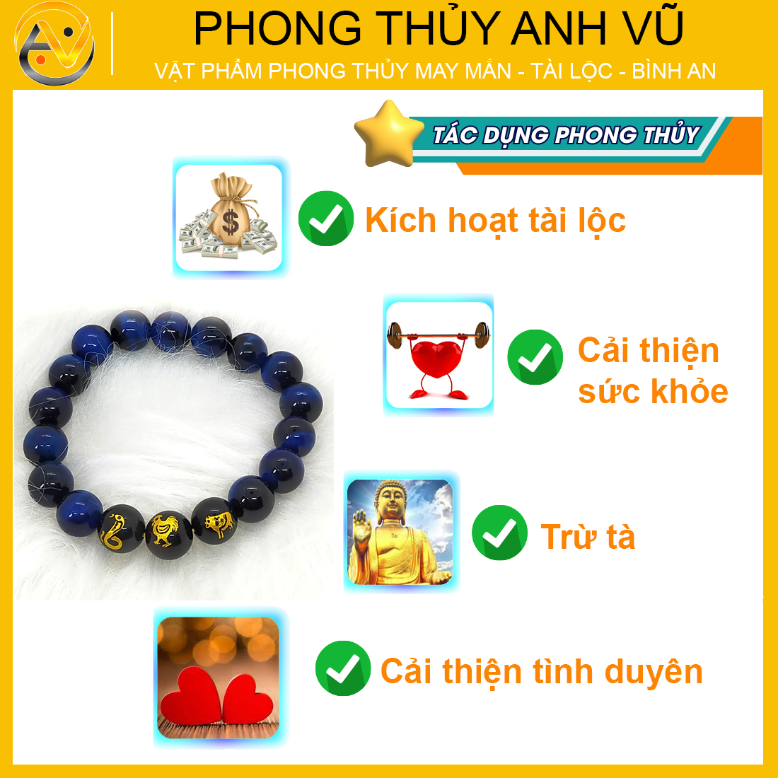 Vòng tay phong thủy mệnh mộc tỵ dậu sửu đã khai quang - chất liệu đá mắt hổ xanh dương - may mắn tài lộc - Vòng Tam Hợp Anh Vũ