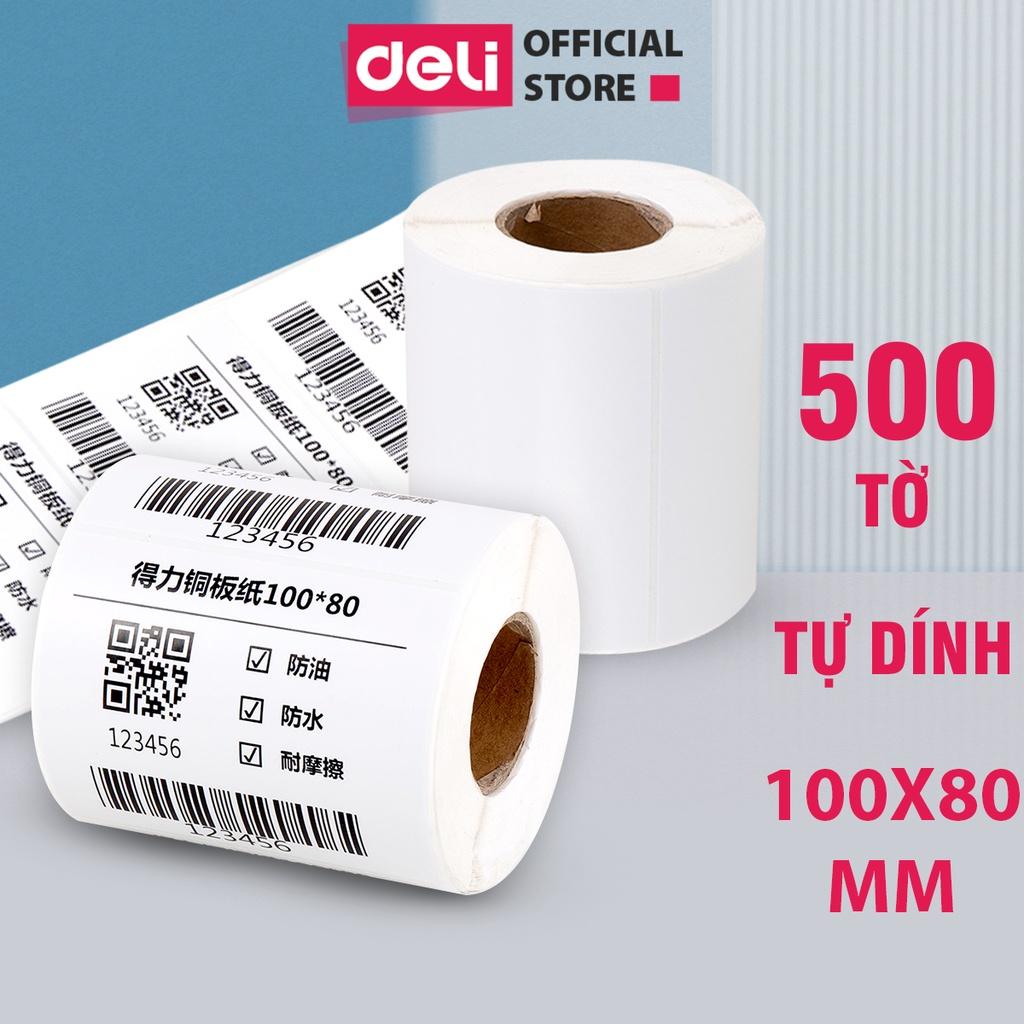 Giấy In Nhiệt Tự Dính Deli 3 Lớp Cuộn 500 Tờ 80x100mm - Đơn Hàng TMĐT, Mã Vạch, Hóa Đơn - Không Phai Mực - 11913