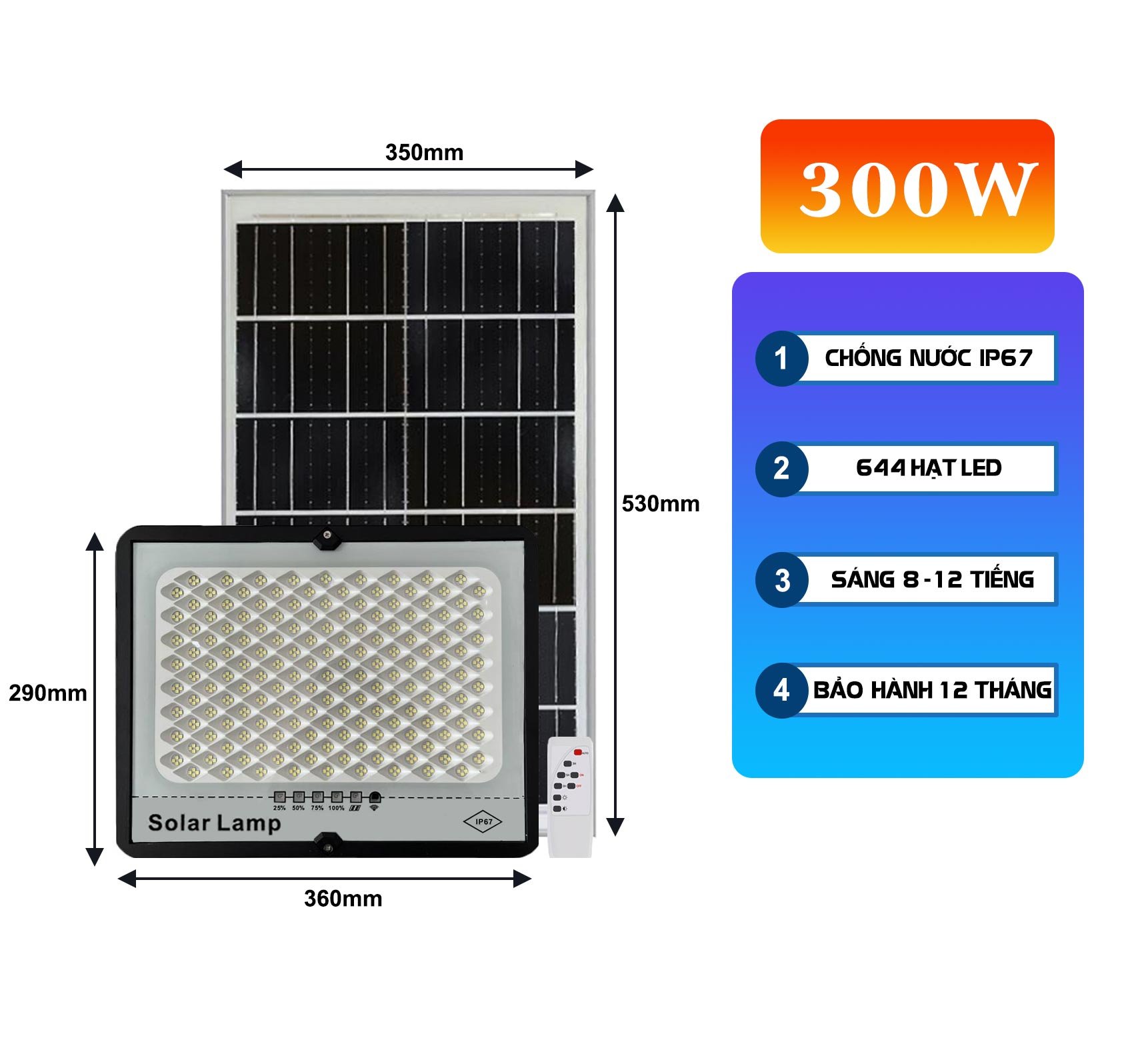 Đèn năng lượng mặt trời chống loá 300w ( VỎ NHỰA )