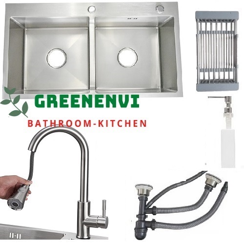 Combo chậu rửa chén bát inox GREENENVI sus304 hai hố cân 8245, vòi rửa bát inox rút dây 01, bộ xả chậu, bình xà phòng, rá inox đa năng