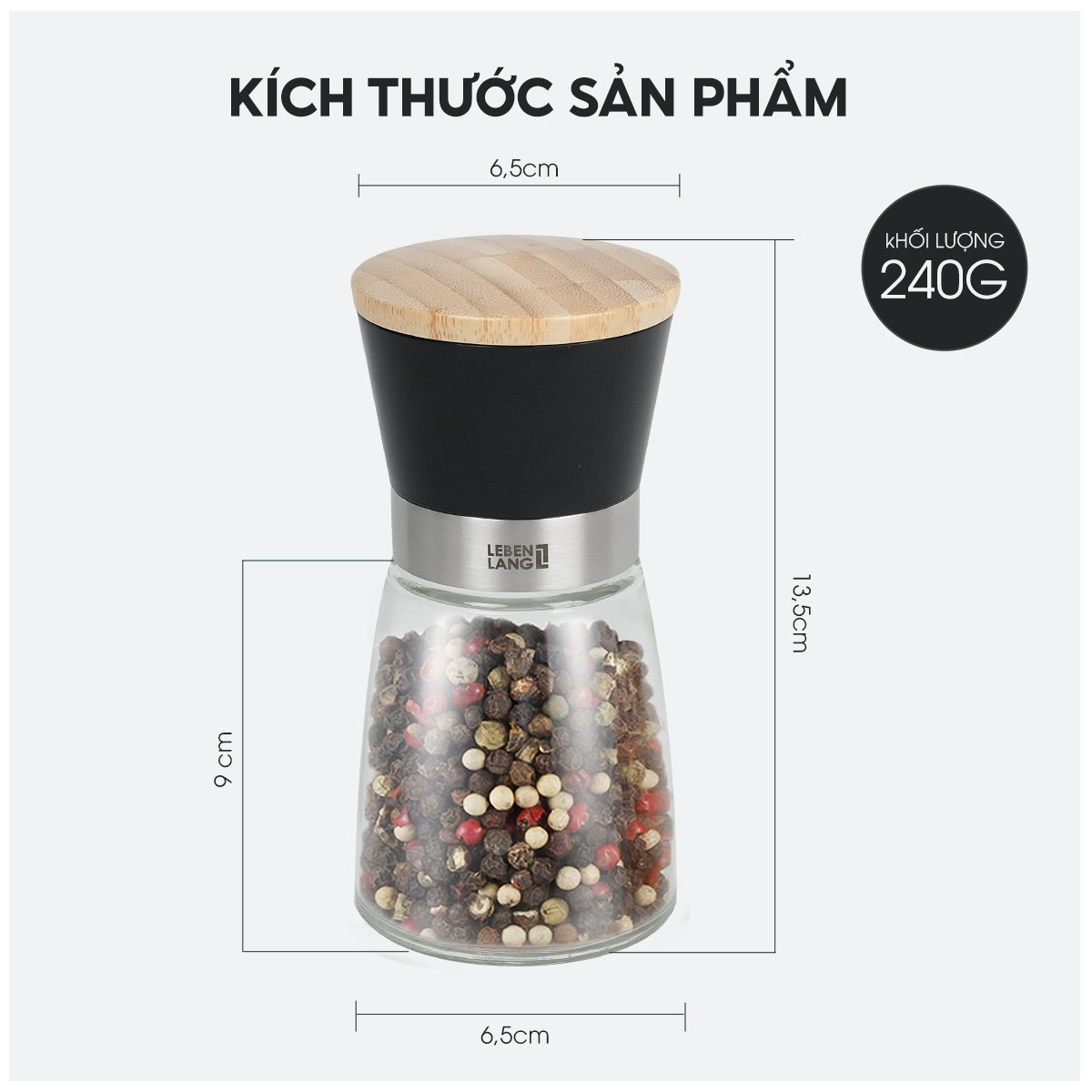 Lọ xay tiêu cầm tay thủy tinh, dụng cụ xay tiêu Lebenlang LBL9595, dung tích 170ml, nhỏ gọn tiện lợi - hàng chính hãng