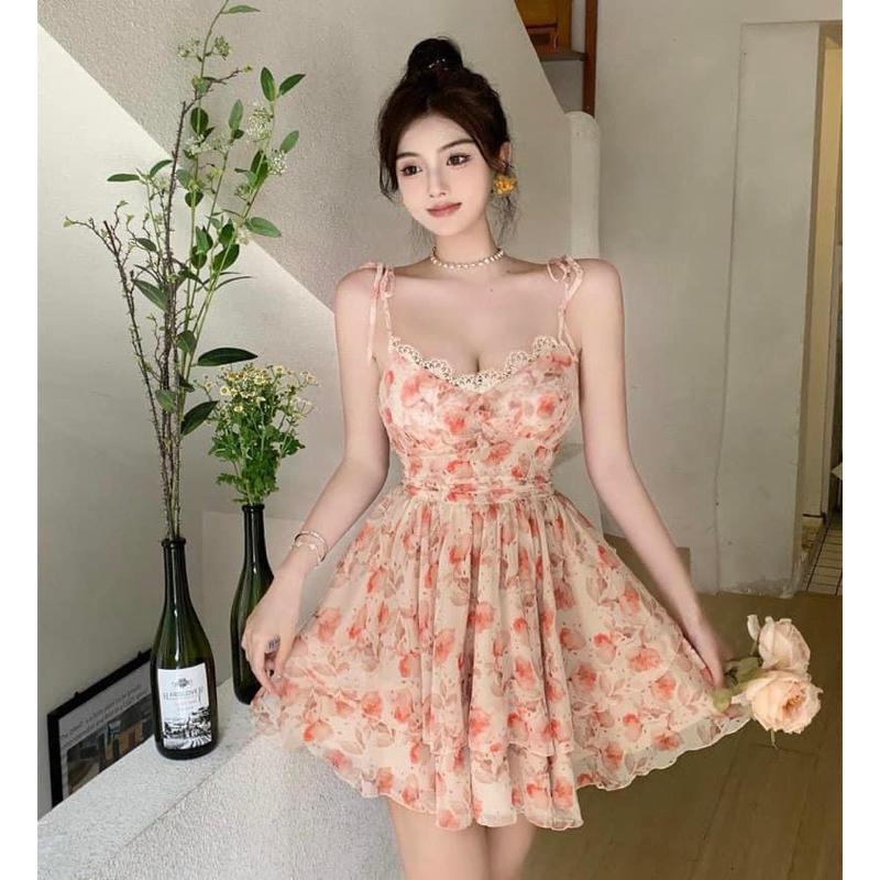 ĐẦM CAM HOA PHỐI REN 2 TẦNG