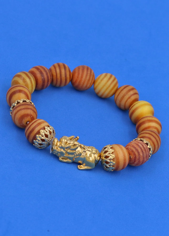 Vòng tay chuỗi hạt Gỗ Huyết Rồng 12 ly - cẩn Tỳ Hưu Phong Thủy inox vàng VGHRTHBKV12