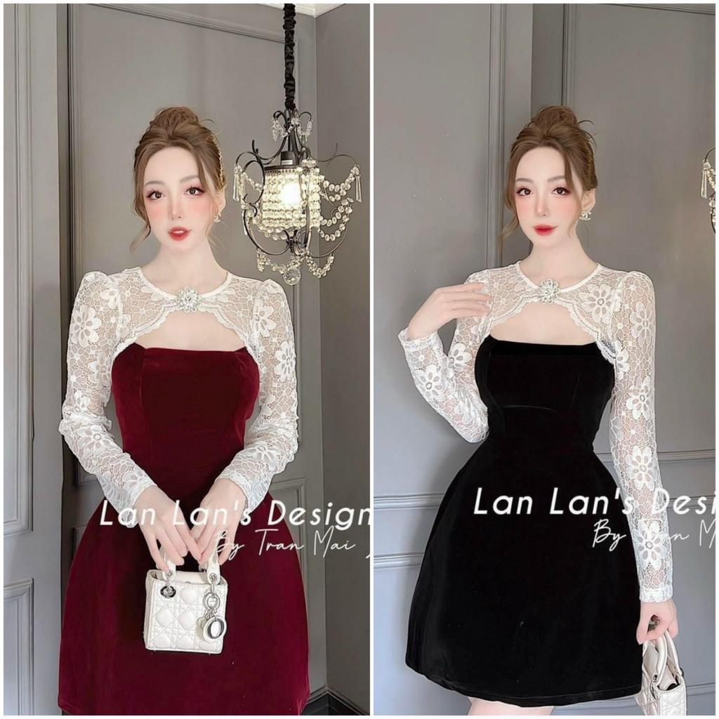 Đầm xoè nhung phối tay ren kèm phụ kiện