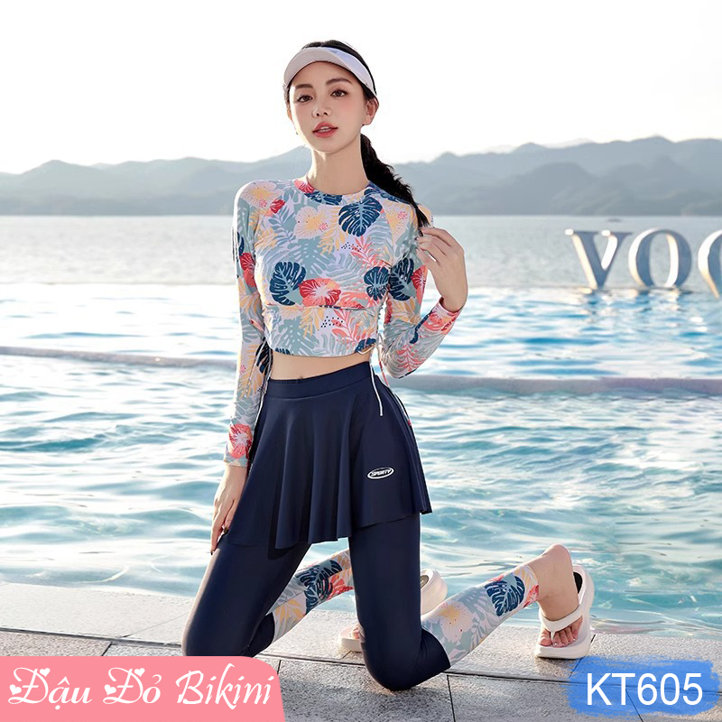 Bộ bơi nữ dài tay chống nắng toàn thân, thiết kế 3 mảnh mới trẻ trung cho eo thon gọn, thun bơi lạnh cao cấp dày mịn mát, bảo vệ da tối ưu và tôn dáng hoàn hảo | KT605