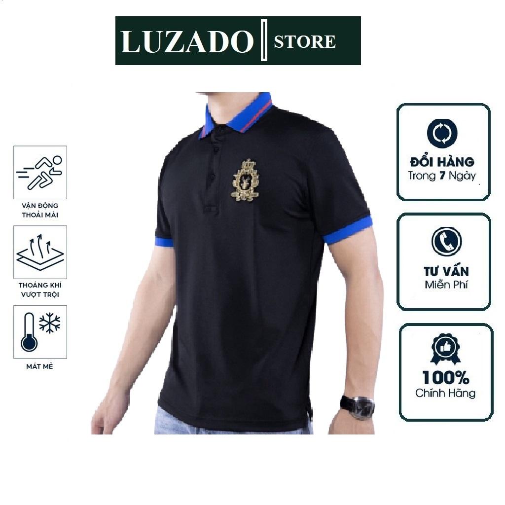 Áo Polo Nam LUZADO áo thun polo nam có cổ ngắn tay vải cá sấu cotton thêu họa tiết độc đáo phối cổ xanh đen cao cấp