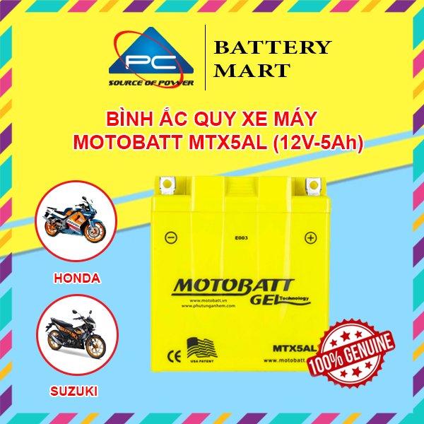Ắc quy xe máy MOTOBATT MTX5AL 12V - 5AH, dùng cho xe Dream, Wave Alpha, Exciter, Mio, Sirius
