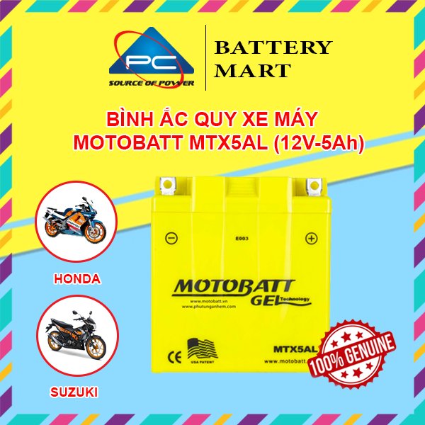 Ắc quy xe máy MOTOBATT MTX5AL 12V - 5AH, dùng cho xe Dream, Wave Alpha, Exciter, Mio, Sirius