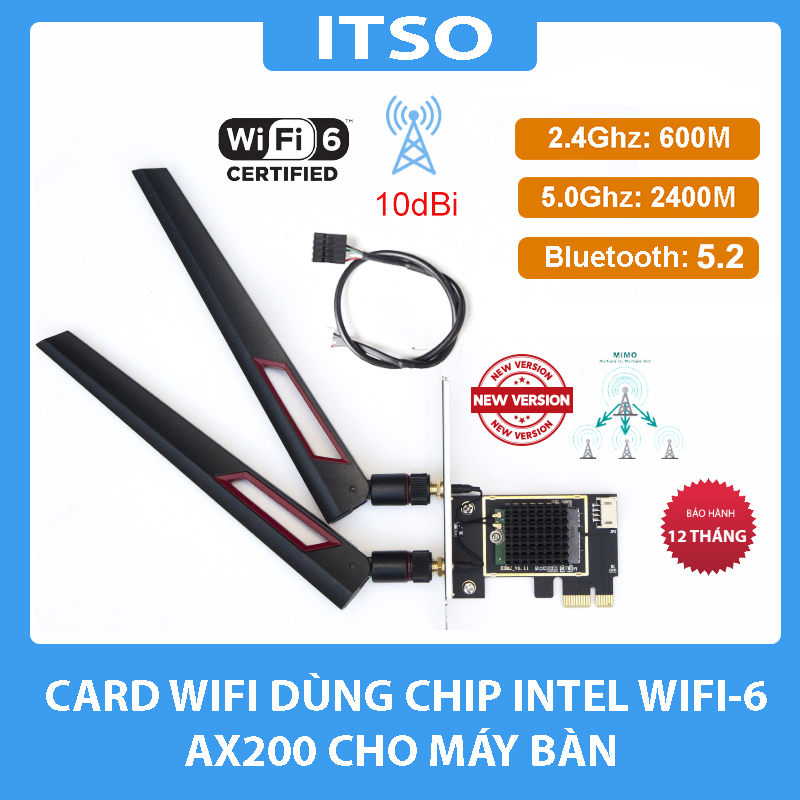 Card WIFI Bluetooth cho PC sử dụng chip Intel WIFI 6 AX200 khe PCI cho tích hợp Bluetooth 5.2  tốc độ 2400M có tản nhiệt