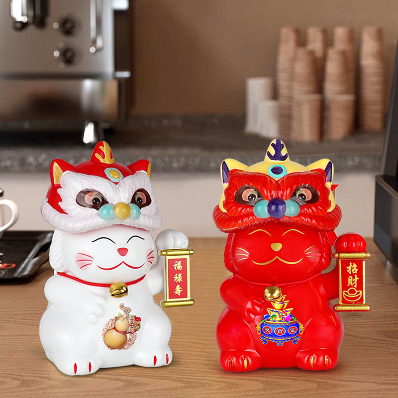 Tượng Mèo Thần Tài Đội Mũ Lân May Mắn, Tài Lộc