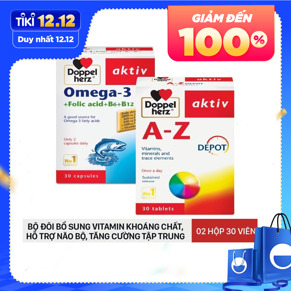 Bộ đôi tăng cường sức khỏe toàn diện bổ sung Vitamin khoáng chất Doppelherz A-Z Depot và dầu cá Omega-3 + Folic acid + B6 + B12 Doppelherz (02 hộp 30 viên)