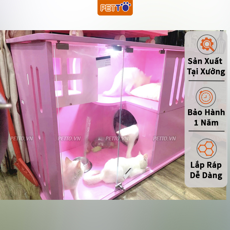 Tủ mèo bằng gỗ có hệ thống ĐÈN LED cao cấp màu hồng xinh xắn CC004