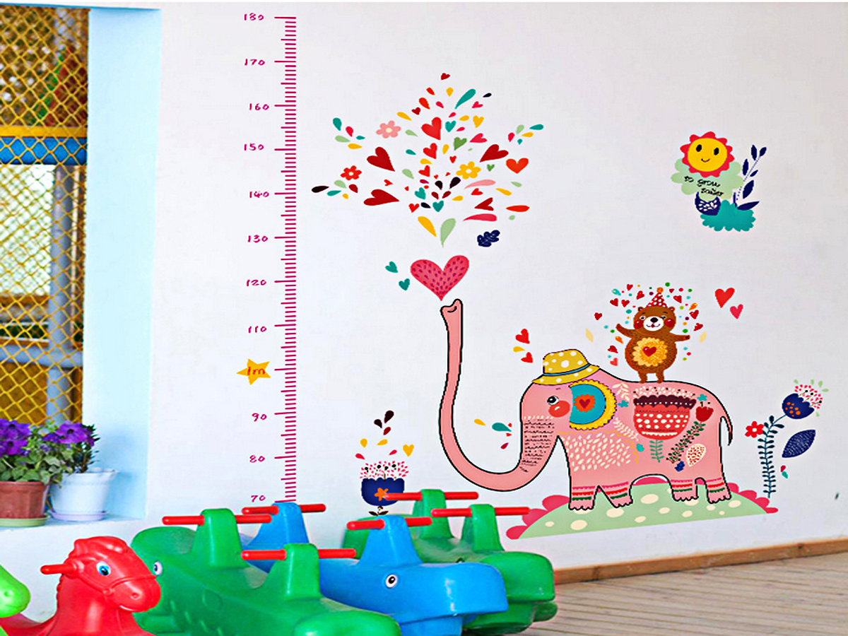 Decal dán tường thước đo chiều cao cho bé thước đo voi hồng ngộ nghĩnh sk9036