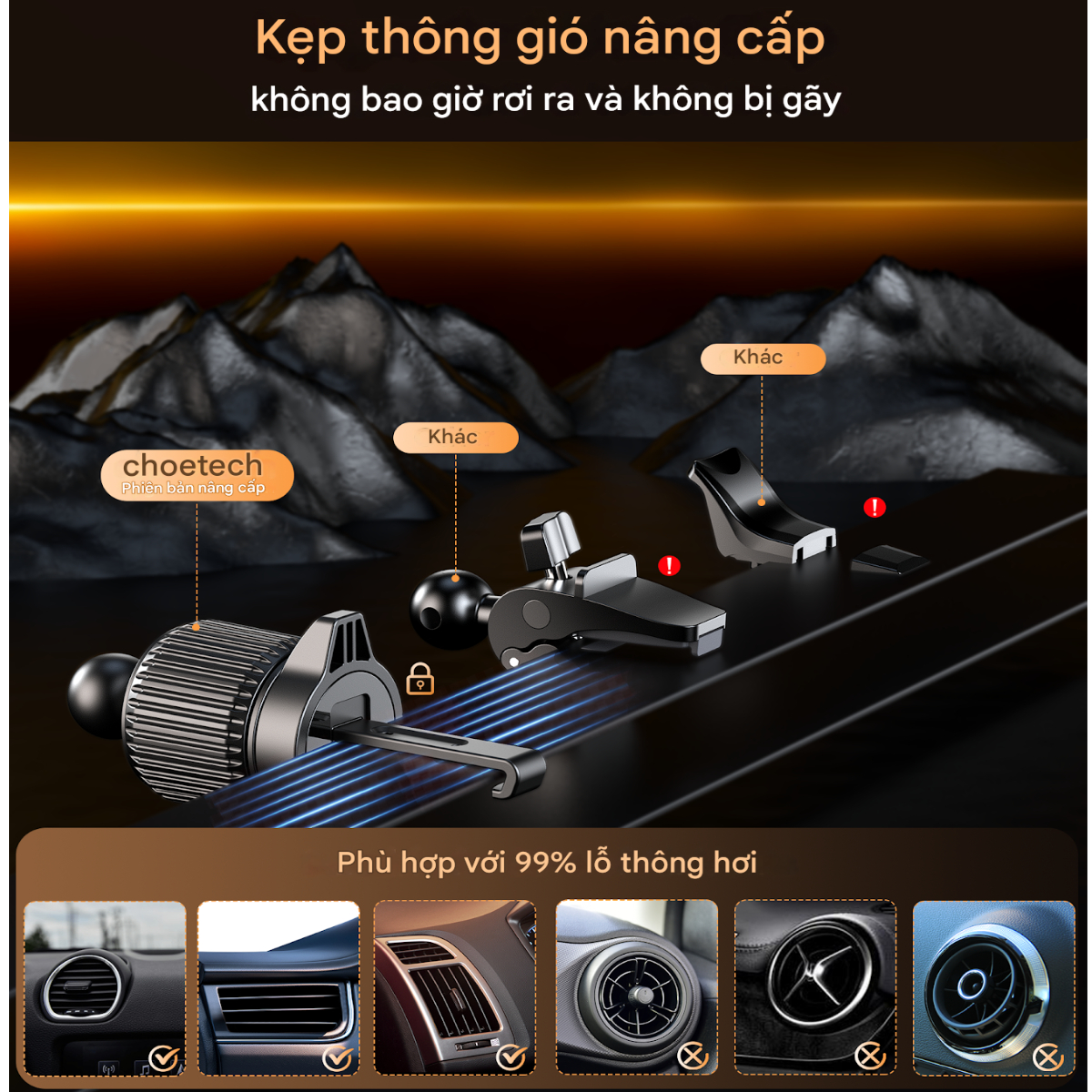 Bộ giá đỡ điện thoại hít nam châm 2in 1 Choetech H1005 dán taplo hoặc kẹp khe gió xoay 360 độ - Hàng chính hãng