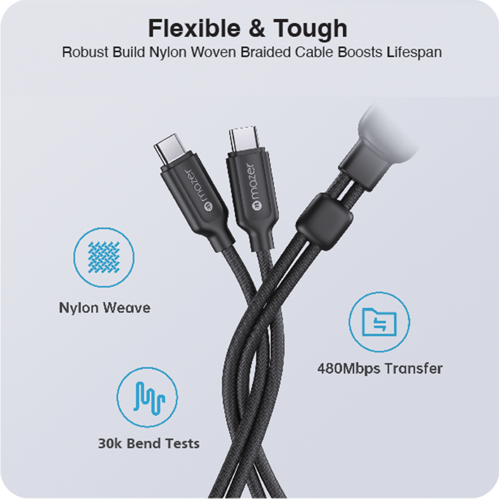 Dây Cáp Sạc Ra 2 Đầu USB-C MAZER InfiniteLink Scorpion PD 140W Dài 1.25m Chất Liệu Nylon Bện Bền Chắc Cao Cấp Hàng Chính Hãng