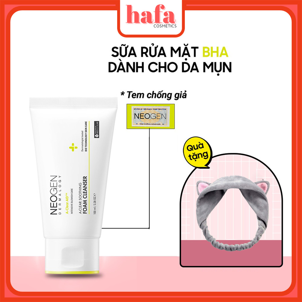 Sữa Rửa Mặt BHA Ngăn Ngừa Mụn và Giảm Nhờn Cho Da Neogen Dermalogy A-Clear Soothing Foam Cleanser 100ml + Tặng Kèm 1 Băng Đô Tai Mèo