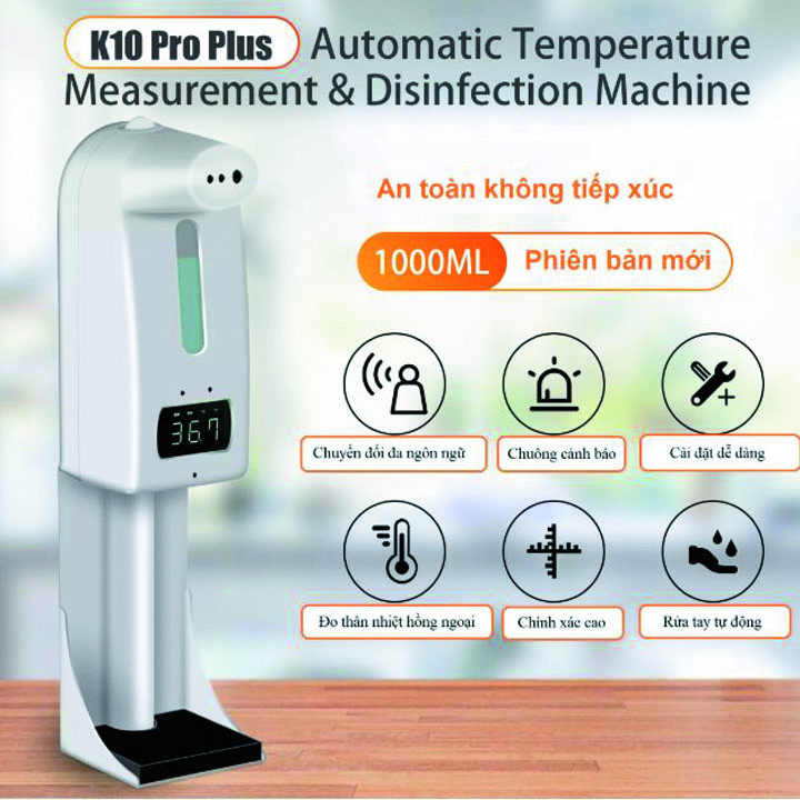 Máy đo thân nhiệt K10 pro tích hợp rửa tay tự động phun sương/nhả gel mới nhất 2021