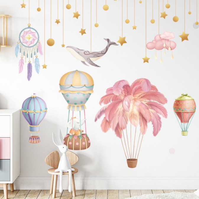 Decal trang trí tường - Rèm dây cá voi và chuông gió và sao vàng