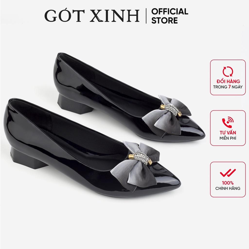 Giày cao gót bít mũi nữ GÓT XINH G18 da bóng phối nơ cao 3cm