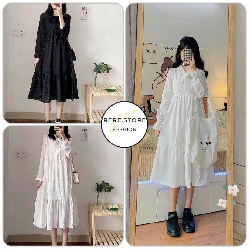Đầm Tiểu Thư Bánh Bèo Ba Tầng - Rere.Store - Váy suông dáng dài dài tay basic hai màu ĐEN | TRẮNG Ulzzang