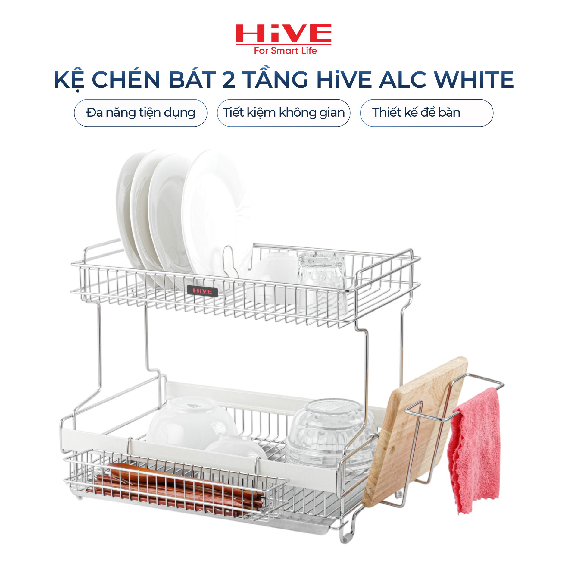 Giá úp chén bát HiVE ALC 2 tầng White inox Hàn Quốc cao cấp