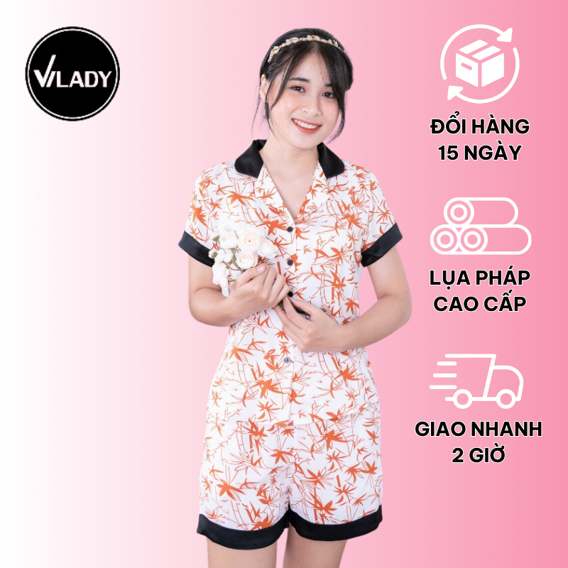 Đồ bộ pijama lụa, đồ mặc nhà nữ VILADY - B133 kiểu quần đùi tay cộc mặc hè thoáng mát Họa tiết Lá tre, chất liệu lụa Mango cao cấp