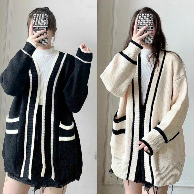 Áo khoác cardigan len viền sọc có túi thơi trang