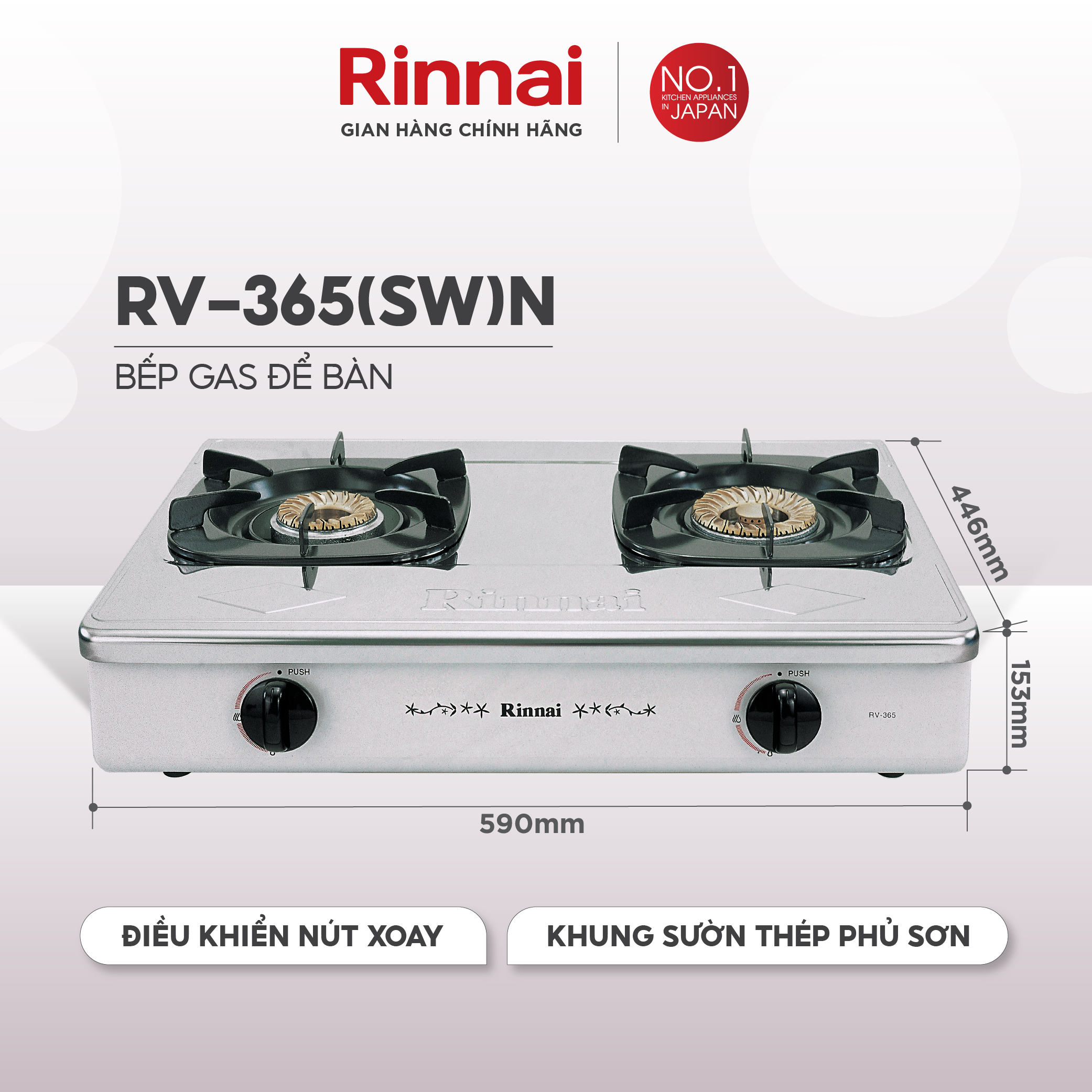 Bếp gas dương Rinnai RV-365N mặt bếp inox và kiềng bếp men - Hàng chính hãng.