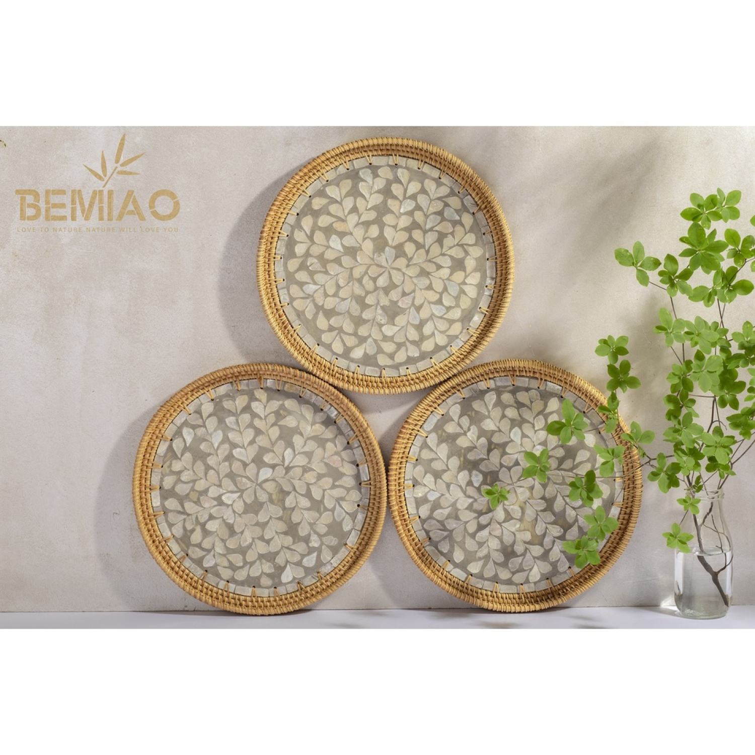 Khay mây khảm trai đường kính 22cm Bemiao