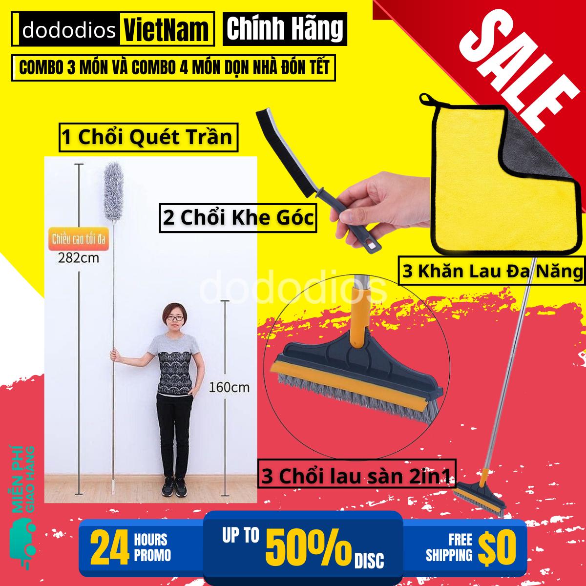 Combo Dọn Nhà 4 Món : Chổi Chà Cọ Nhà Vệ Sinh + Chổi Quét Trần Nhà + Bàn Chải Khe Hở Góc Cạnh + Khăn Lau Xe Ô Tô Cao Cấp