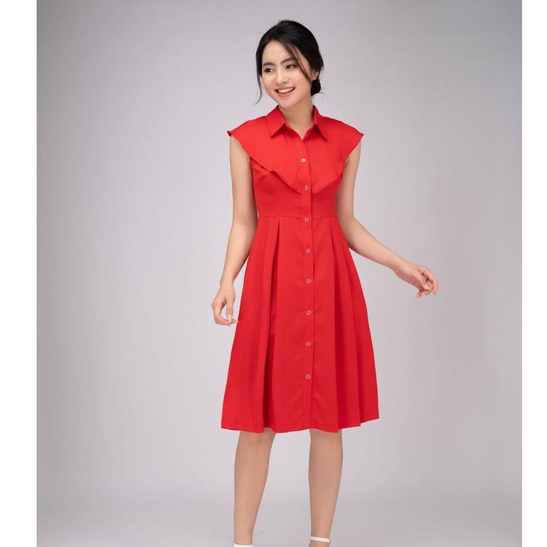 Đầm nữ cổ sơ mi vạt vai cách điệu, đầm nữ xếp ly phối cúc trước TKFASHION DK903