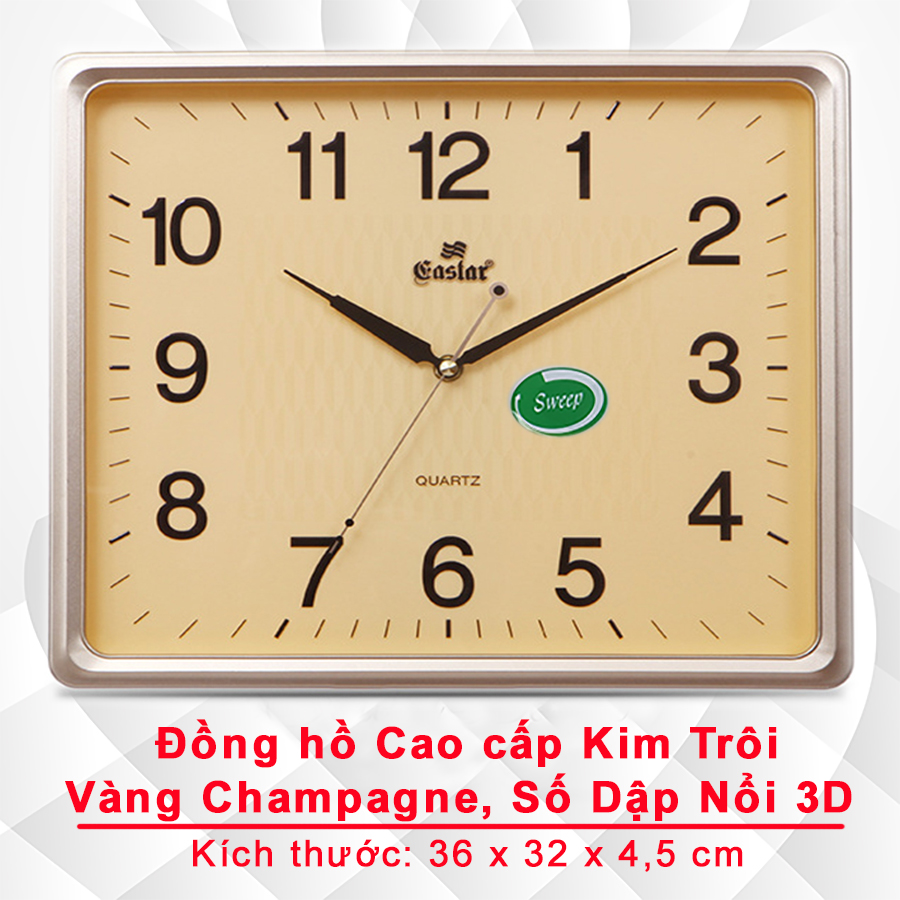 Đồng Hồ Treo Tường Cao Cấp EASTAR Mặt VÀNG Viền MỎNG – Máy KIM TRÔI – Số Nổi 3D – Tặng Pin Maxell – BH 1 Năm