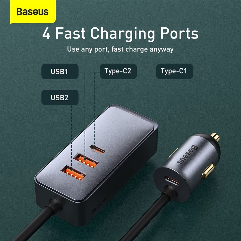 Tẩu sạc nhanh mở rộng 4 Port Baseus Share Together Extention Car Charger 120W - Hàng Chính Hãng